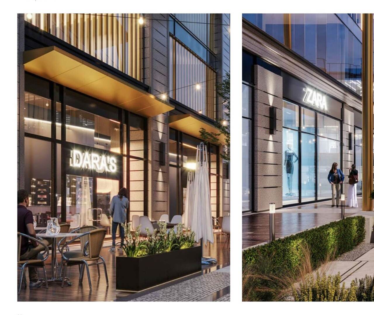 Daytime render of the Golden Gate retail street cafes