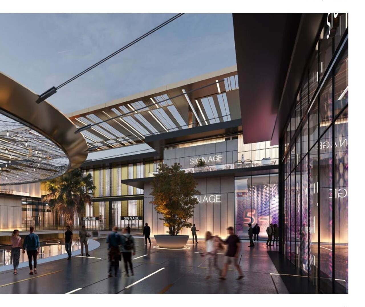 Dusk render of the signage-lit retail corridor