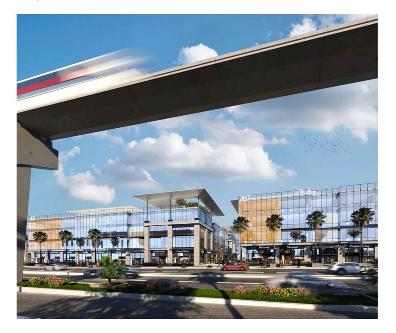 Render of the monorail passing over the Golden Gate retail street