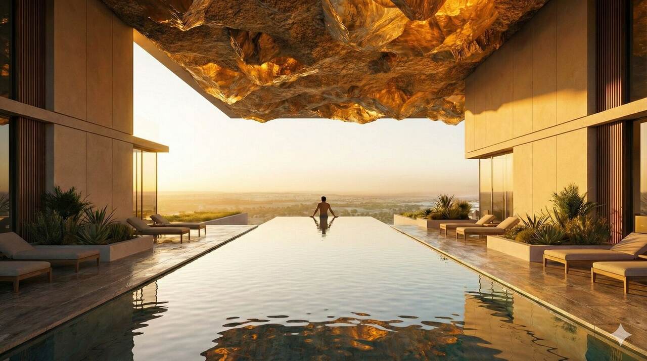 Infinity pool at twilight overlooking the landscape