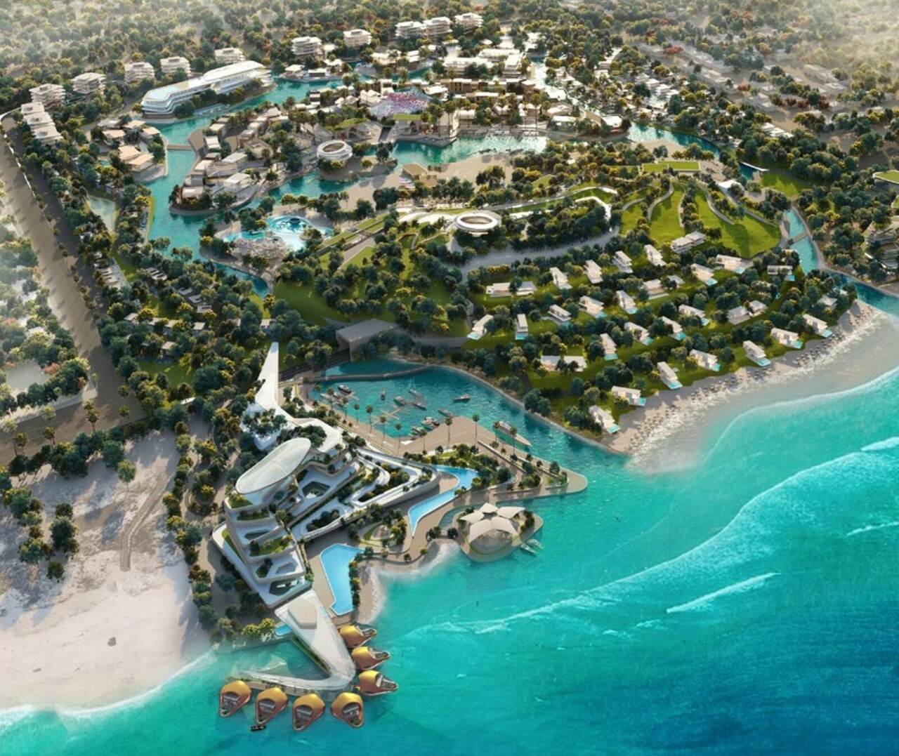 Aerial daytime view of the Al Khobar Pier resort massing
