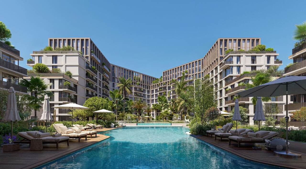 Daytime render of the courtyard pool and landscaping