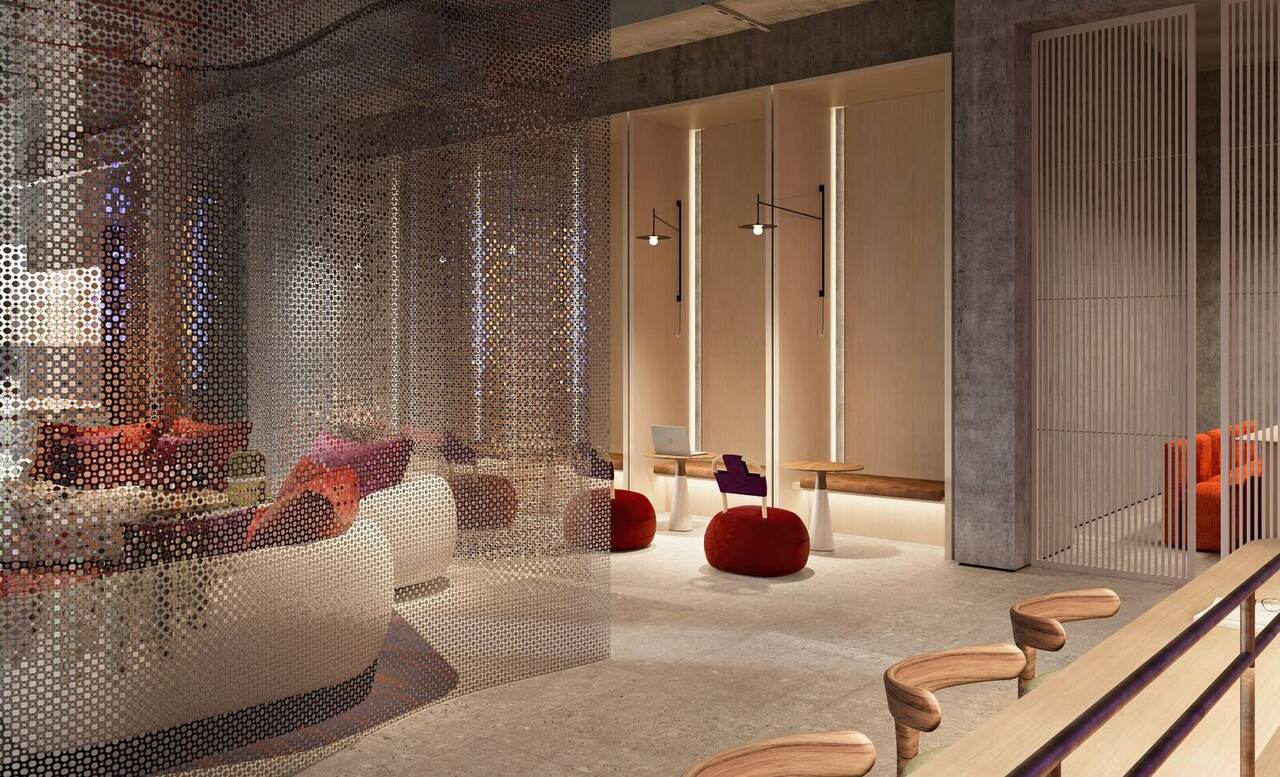 Dusk render of the courtyard pool deck