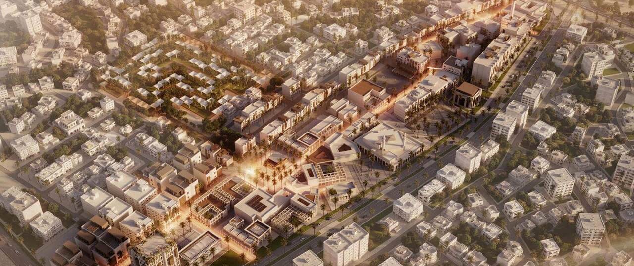 Aerial golden hour context render of Rwaq Taiba