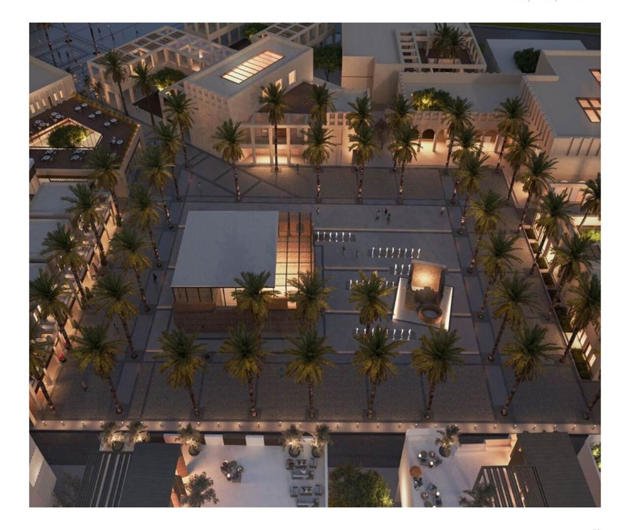Night aerial render of the Rwaq Taiba courtyard
