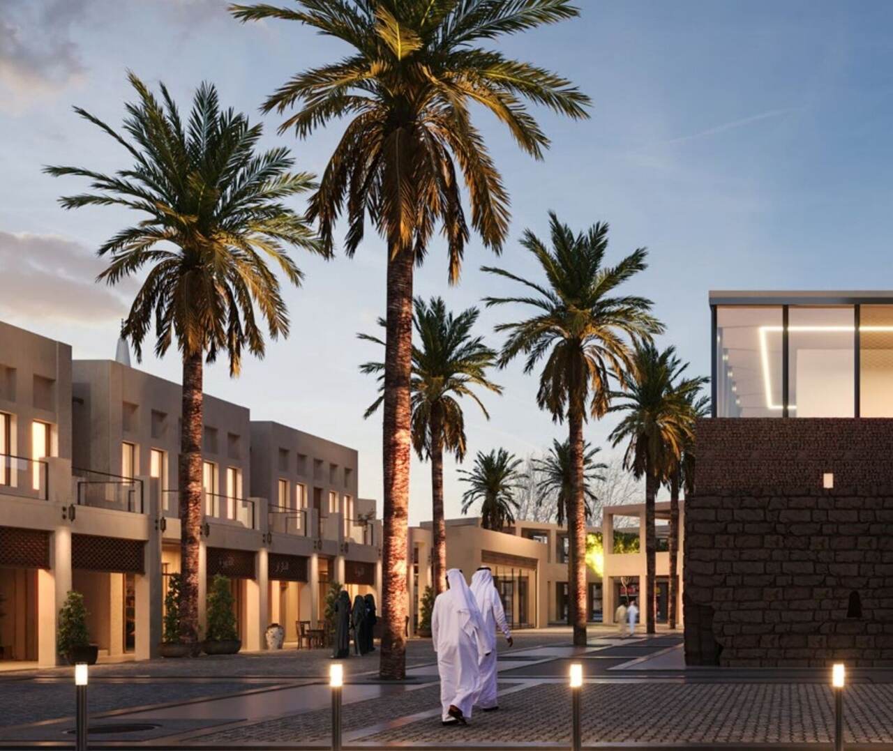 Evening street render of the Rwaq Taiba development
