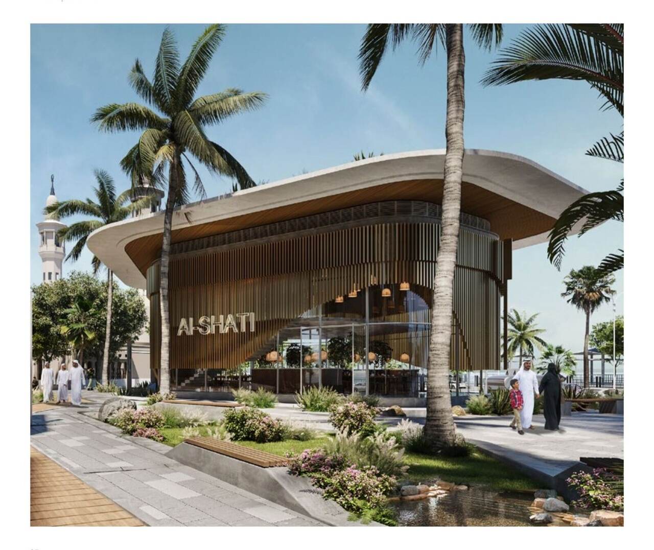 Daytime render of the Al Shati Plaza entrance signage