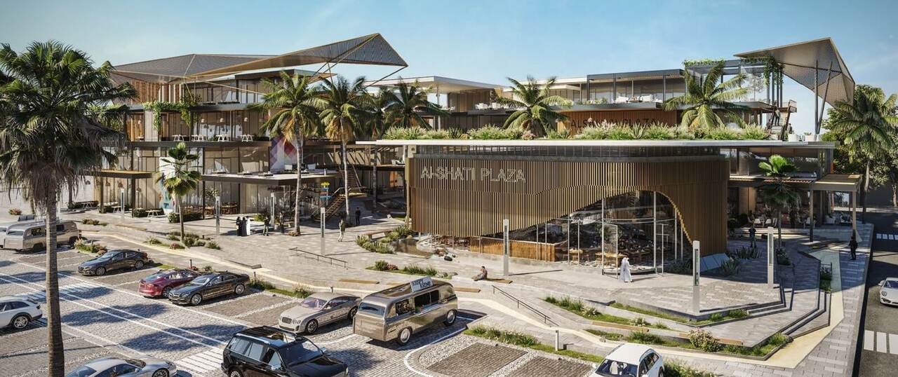 Full exterior render of Al Shati Plaza with parking forecourt