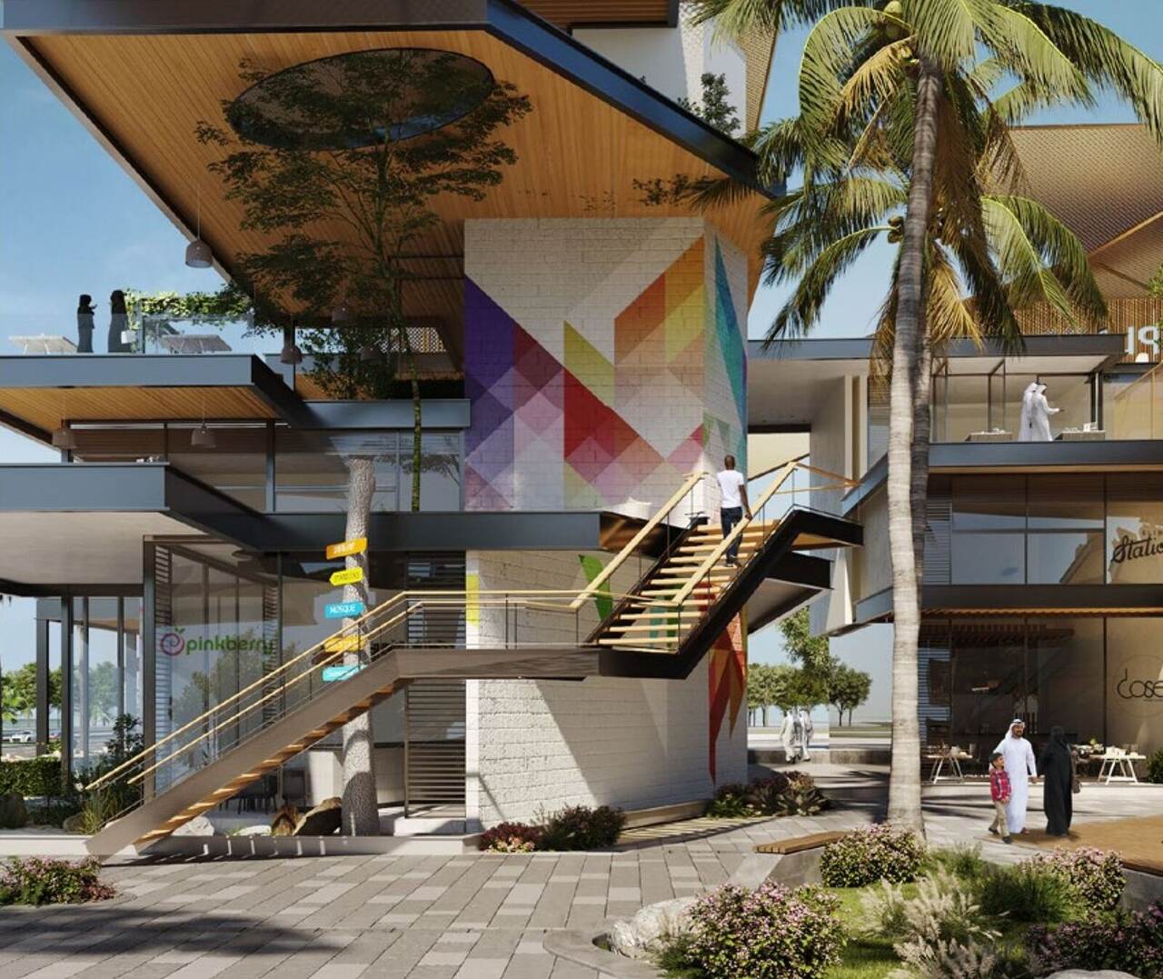 Render of the colorful jungle plaza staircase at Al Shati Plaza