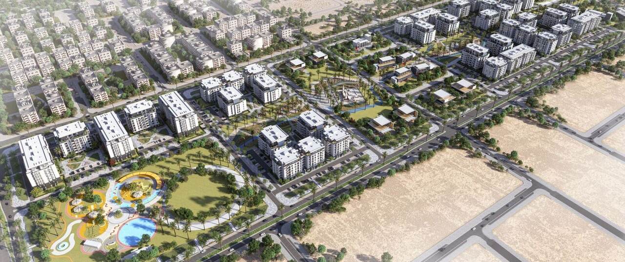 Street-level daytime render of the Tilal Residence buildings